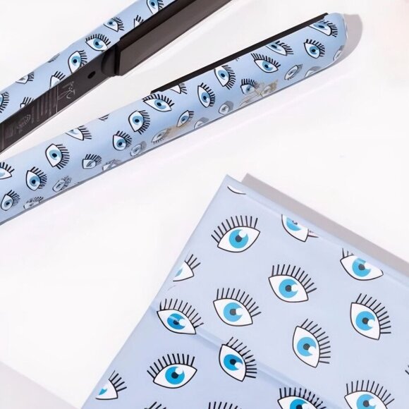 PYT Ceramic Flat Iron – Blue Eyes Print 1" Styling Tool 450°F Heat & Swivel Cord - Picture 3 of 7